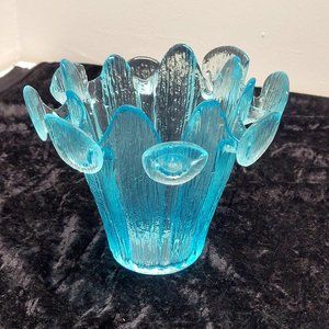 Vintage Viking Blue Glass Brutalist Crown Vase